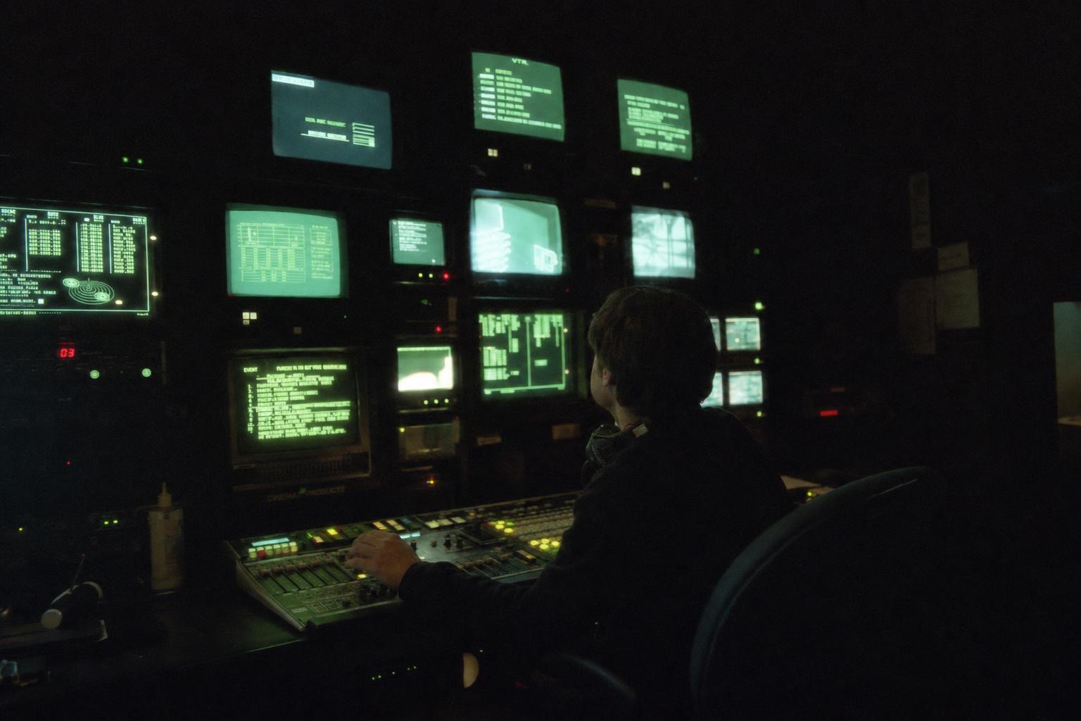 The control room behind the show, screens showing the systems that run it