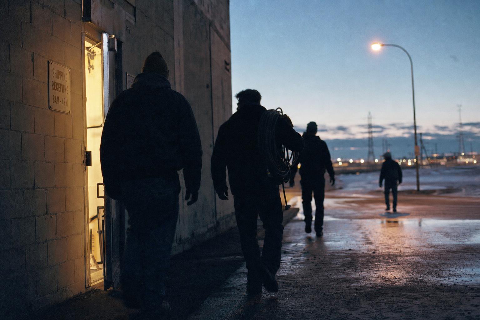 A small crew leaving the warehouse at first light