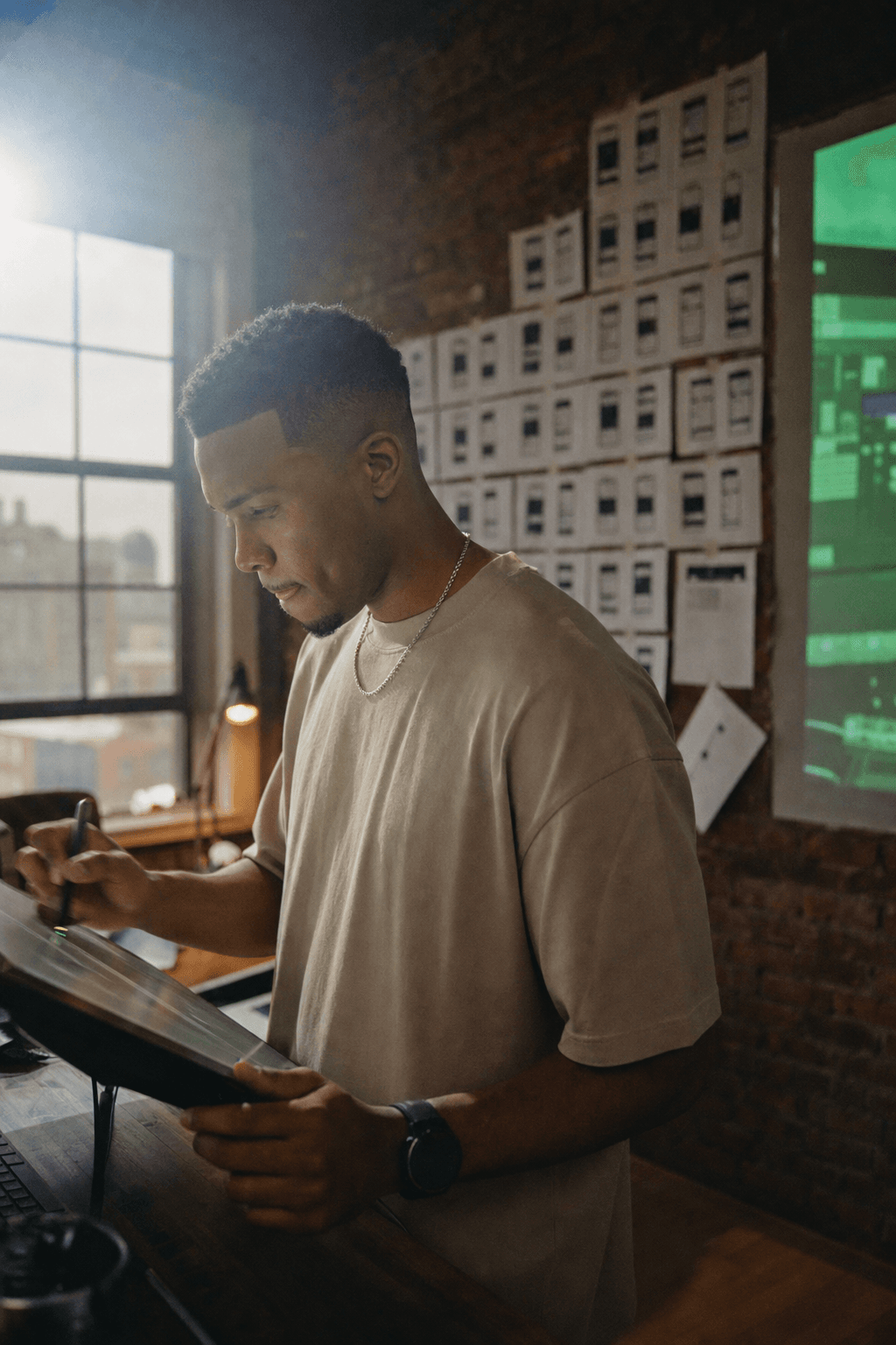 A product designer sketching interface wireframes on glass over printed app screens
