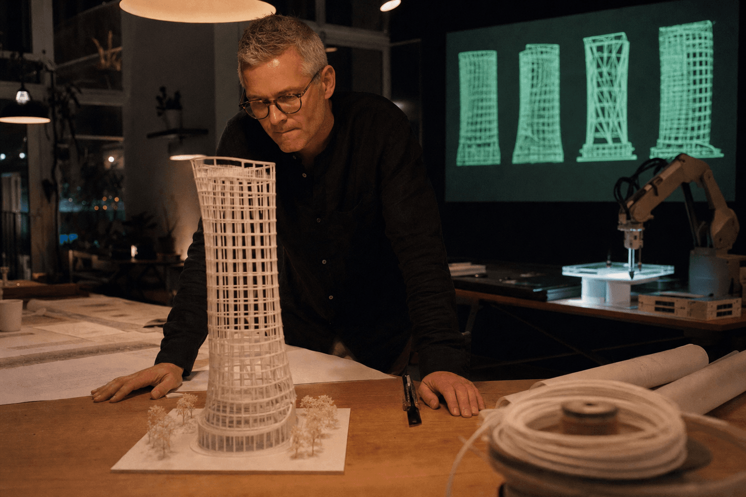 An architect over a 3D-printed lattice model while a monitor cycles generative structural variations