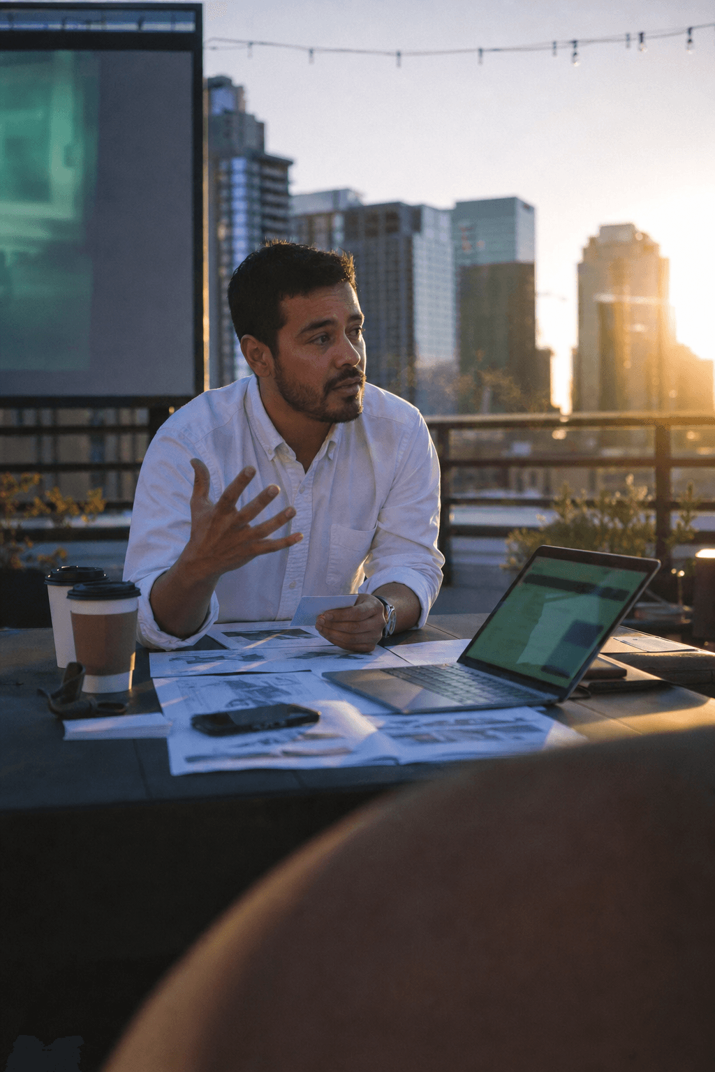 A founder rehearsing a pitch at sunrise on a rooftop, plans spread across the table