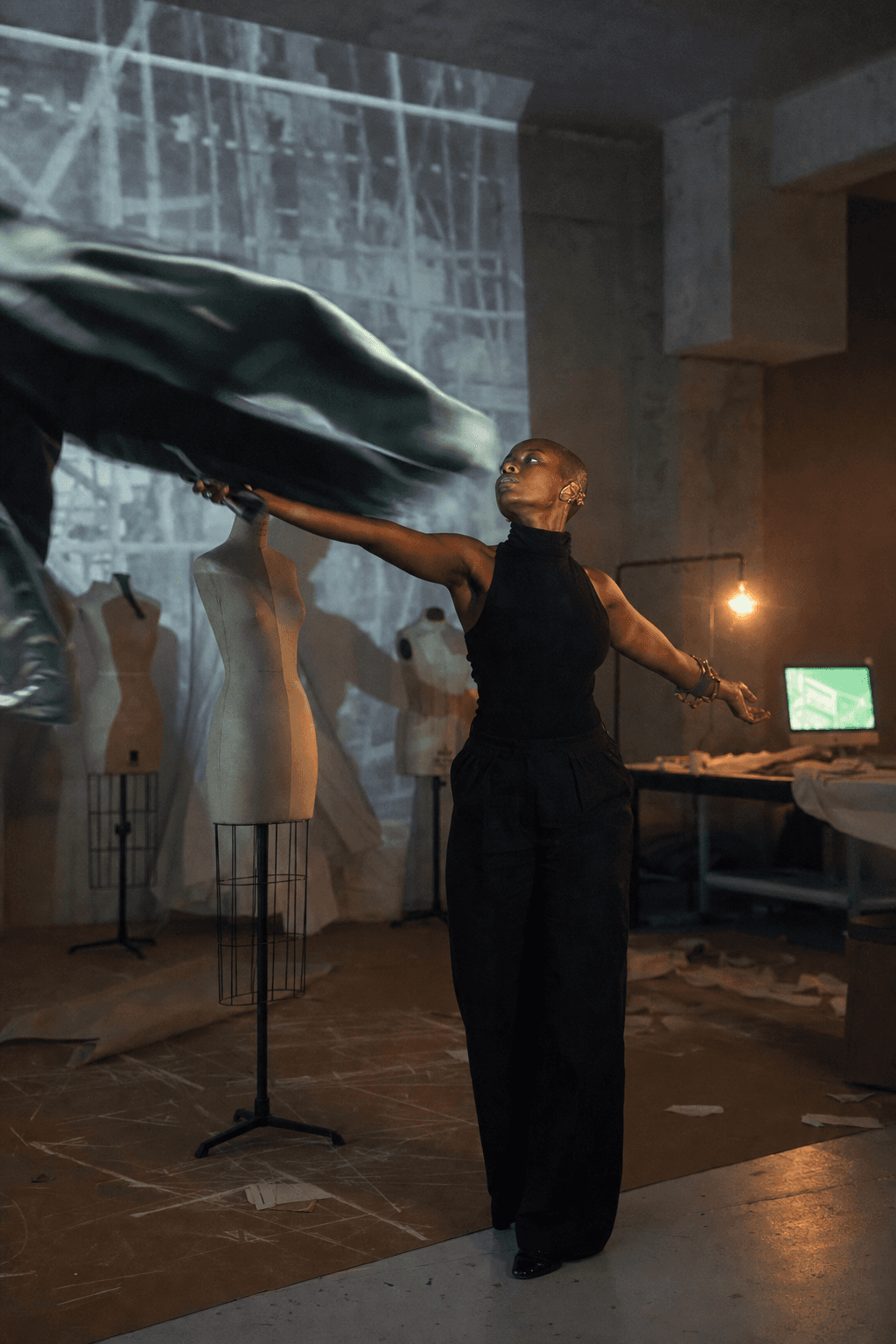 A designer draping iridescent taffeta under a floor-to-ceiling generative pattern projection