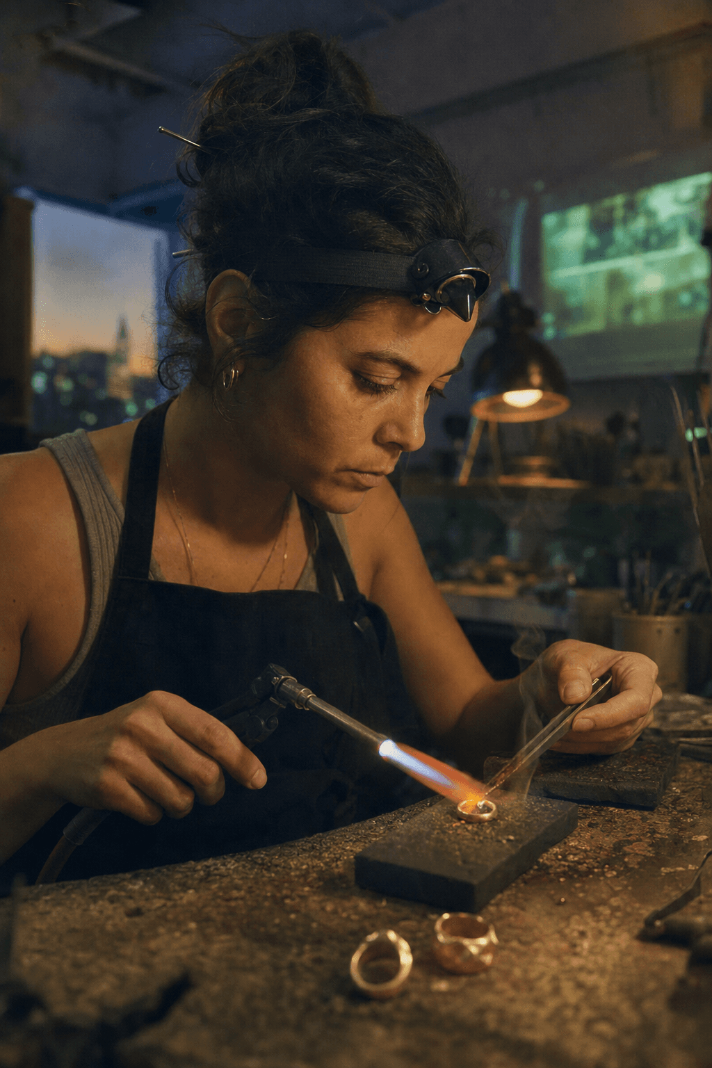 A jeweler bathing a silver ring blank in torch flame at a midnight bench