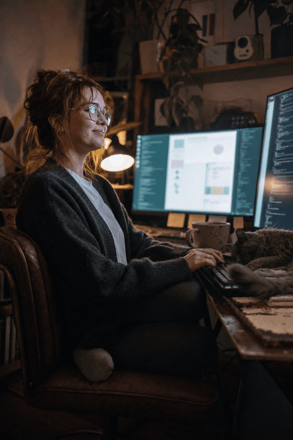 A vibe coder at a screen-lit desk, a website taking shape beside a column of streaming code