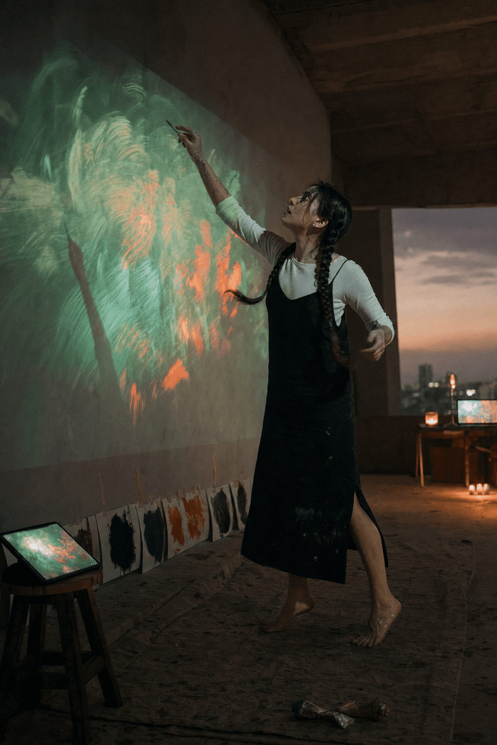 An artist conducting a generative painting across a projection wall