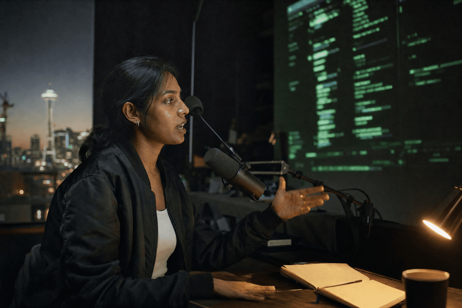 A creator directing beside a wall of dense green agent output