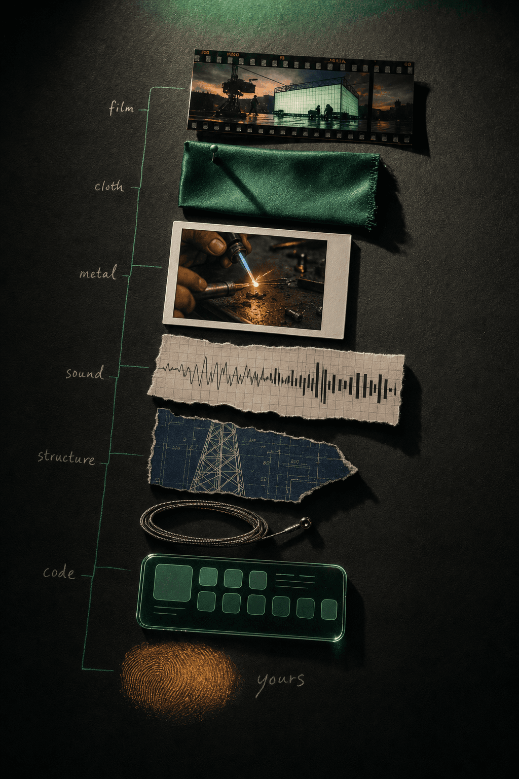 A vertical collage totem of the nine crafts — code, interfaces, paint, sound, film, fabric, metal, structure, and a venture