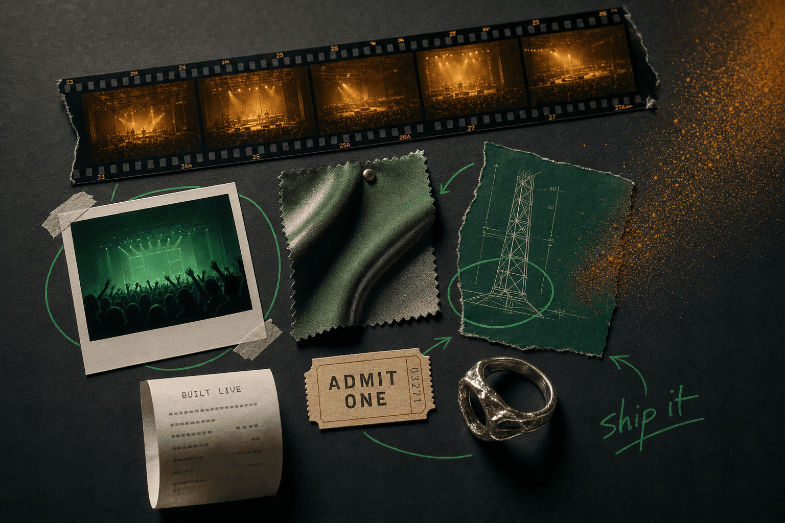 An analog evidence-board collage of everything shipped on-air: clippings, frames, and fragments pinned in emerald and ember