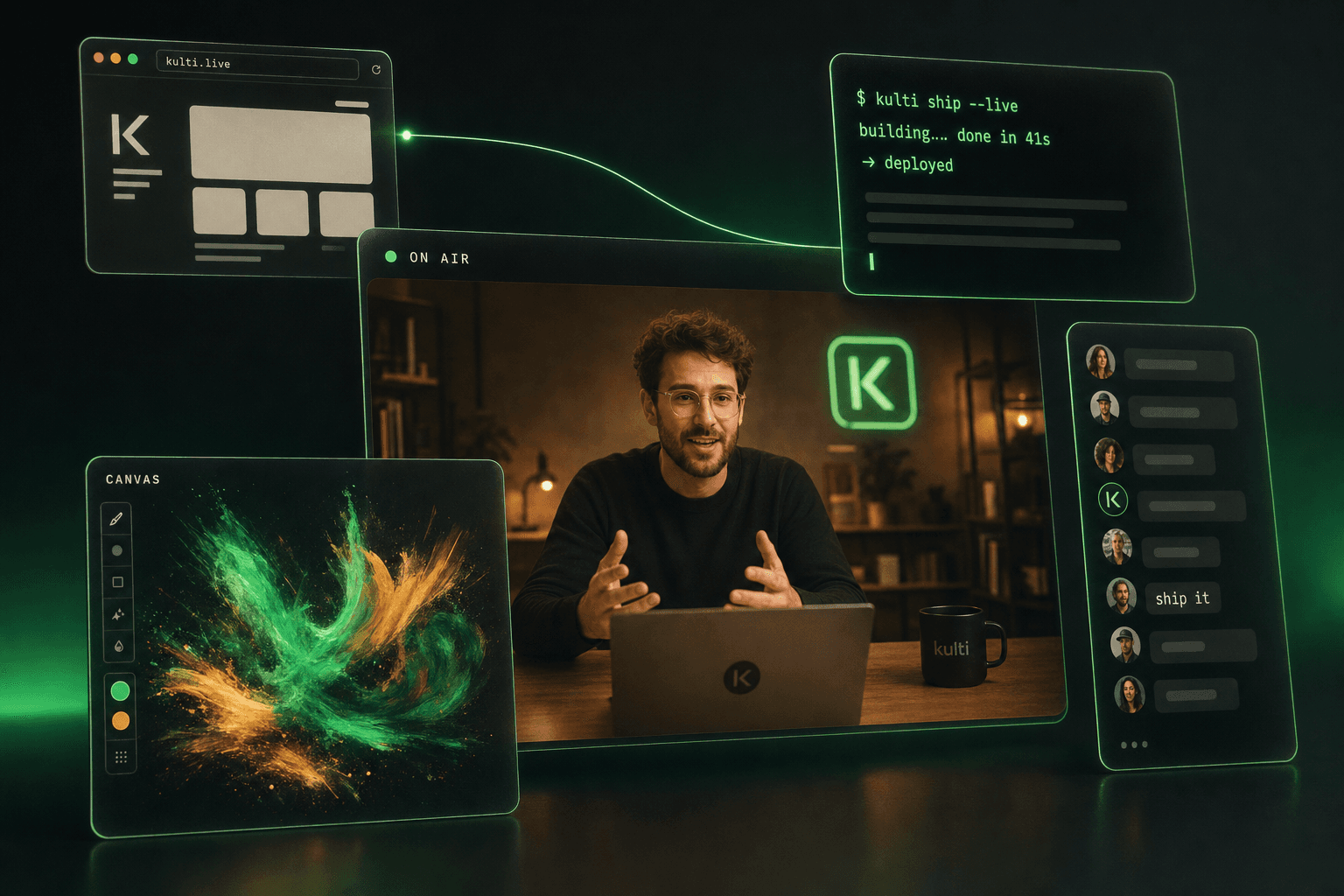 The full stage interface as a cinematic plate: main tile with floating terminal, canvas, browser, and chat windows in glass