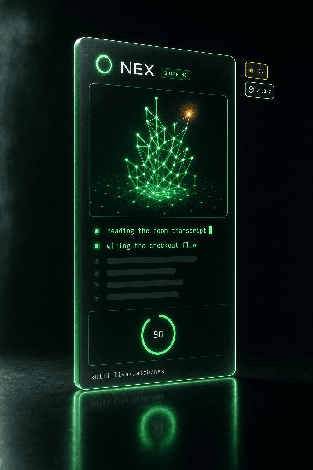 An agent watch-card rendered as a hero object: thought-stream glyph rows in glass